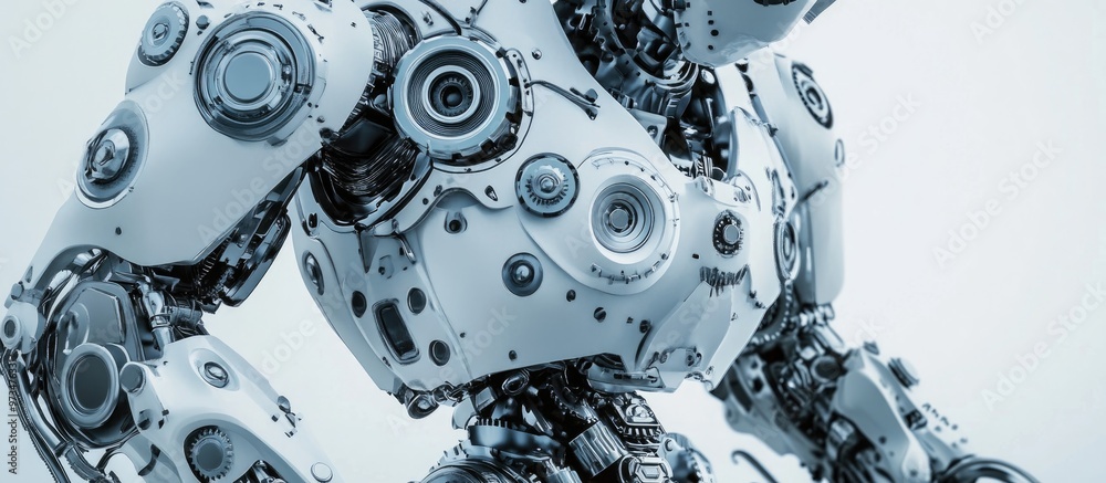 Poster close up view of a metallic robot constructed from automotive components featuring gears bolts and n