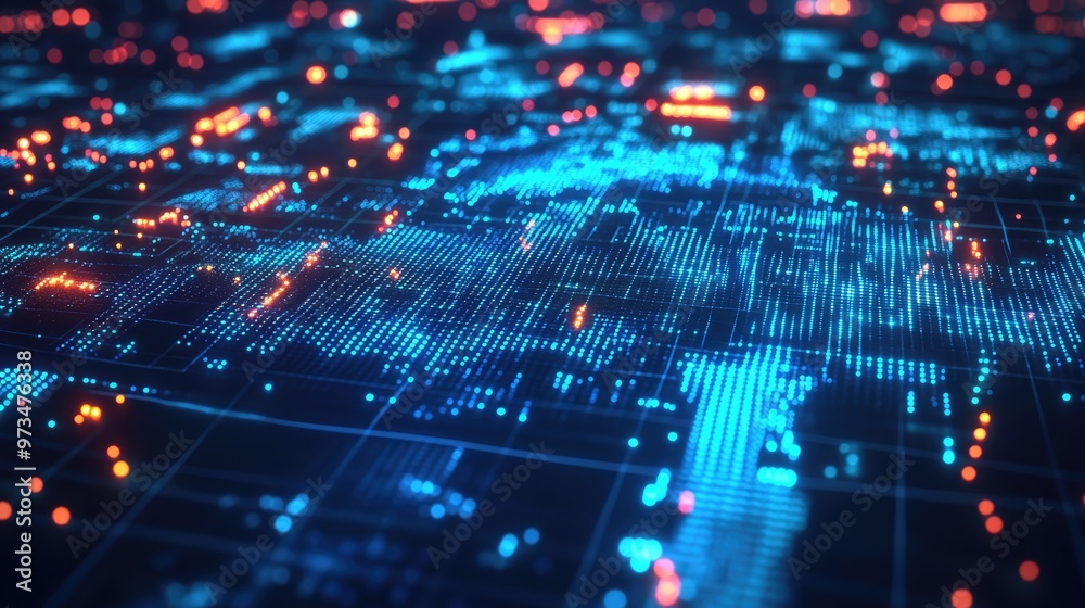 Poster futuristic blue and colorful digital technology hud dots create a mosaic grid of a map showcasing se