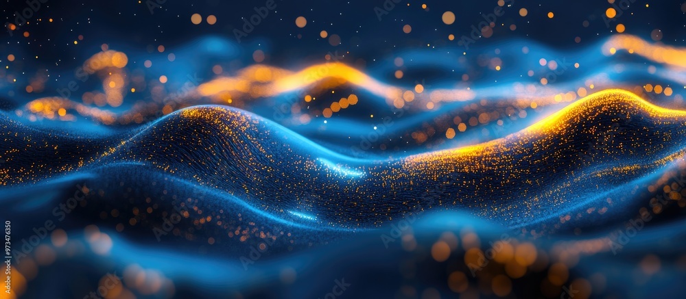 Poster smooth luminous digital waves with yellow and blue gradients featuring soft light and bokeh effects 