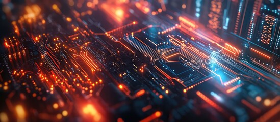 Obraz premium Holographic AI circuit design over a blurred urban backdrop representing artificial intelligence and innovation through double exposure technique