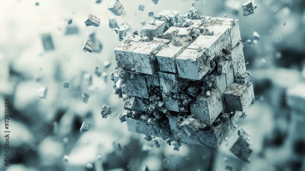 Poster 3d rendering of a cube s volumetric form featuring geometry composed of fragmented shapes and variou