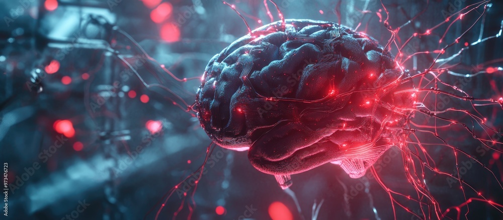 Poster cybernetic brain with wired neural network 3d rendering of a robotic organ and cyborg intelligence