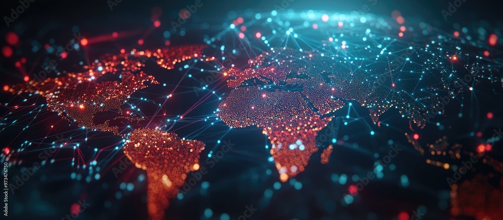 Poster illuminated digital map featuring connections on a dark backdrop representing artificial intelligenc