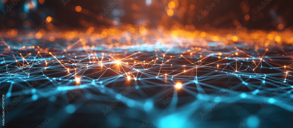 Fototapete Abstract digital background featuring interconnected points and lines Illuminated plexus representation Visualization of big data and advanced technology concepts 3D rendering