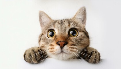 Obraz premium Hidden cat looks out, isolated against white.