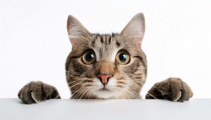 Obraz premium Hidden cat looks out, isolated against white.