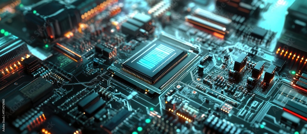 Poster close up view of a contemporary cpu chip processor emphasizing its intricate design for a technology