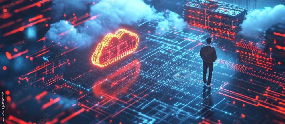 Poster business professional utilizing cloud computing technology and online storage for networking concept