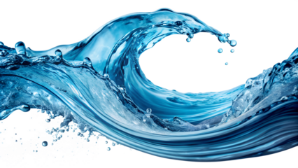 A stunning wave of blue water crashing, capturing the beauty and power of nature in a vivid moment of fluid motion. Transparent or white background.