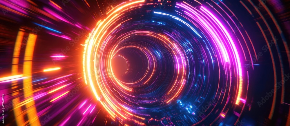 Poster abstract neon circular lines in a space setting featuring a contemporary 3d rendered background and 