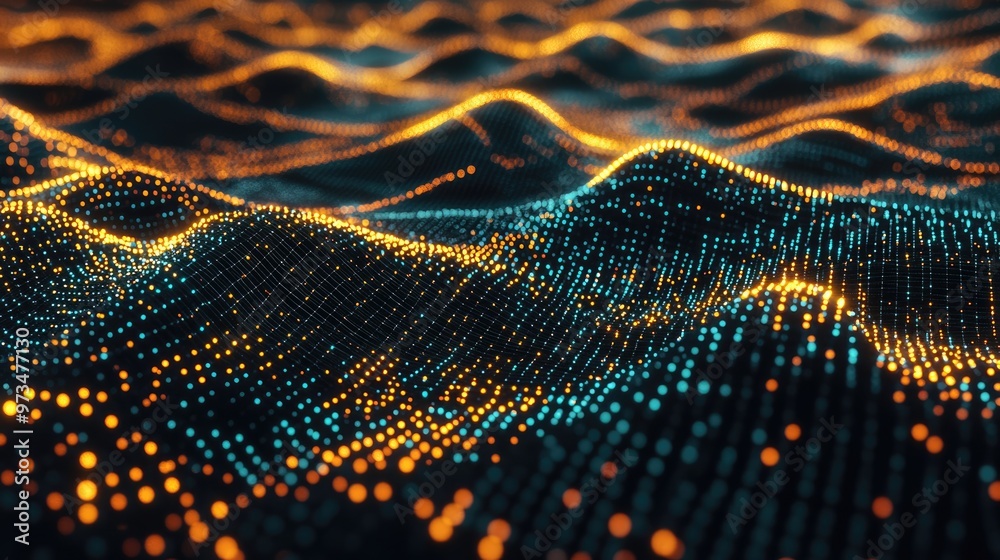 Poster big data visualization with a network of connecting dots and lines showcasing the concept through an