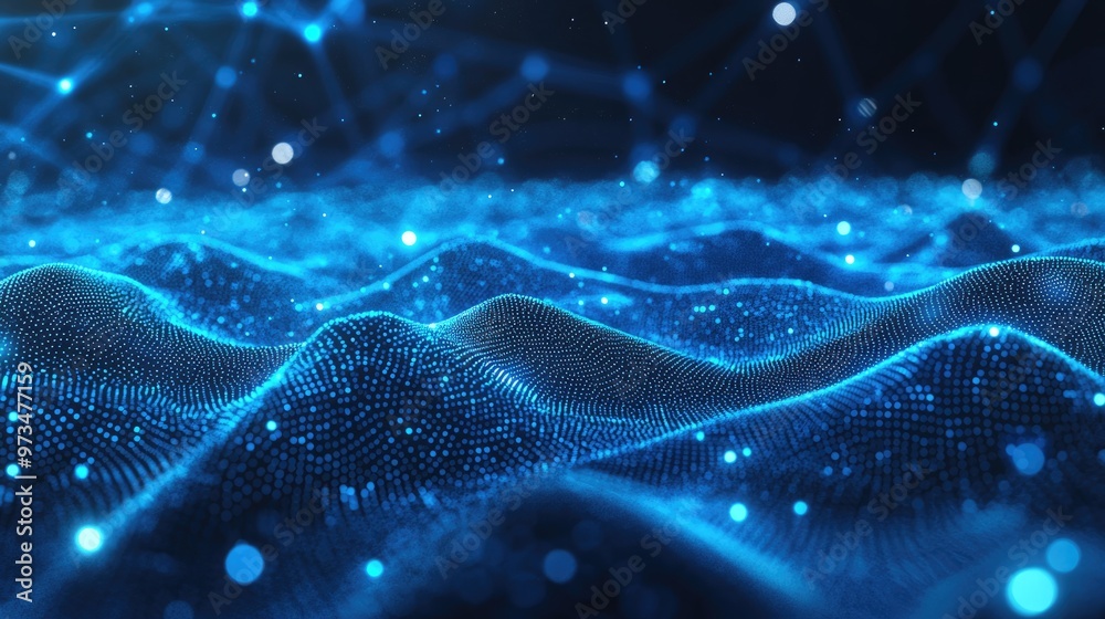 Poster abstract background featuring blue technology elements with pixelated network patterns ideal for fin