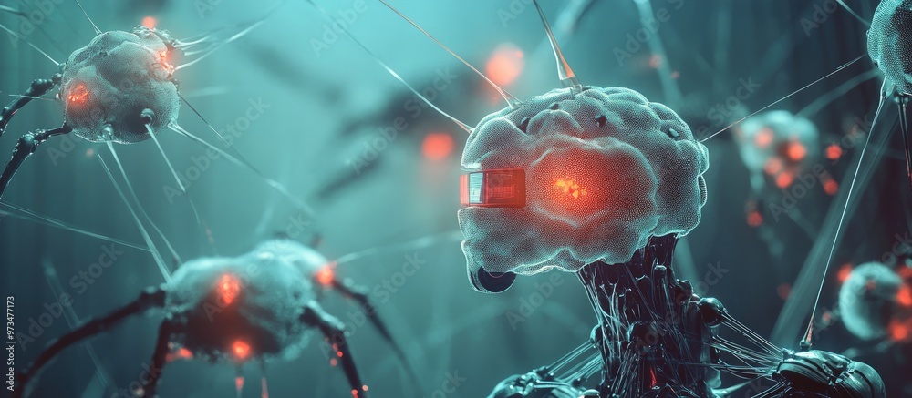 Poster neural cells and robotic elements exploring futuristic ai and deep learning technology interconnecte