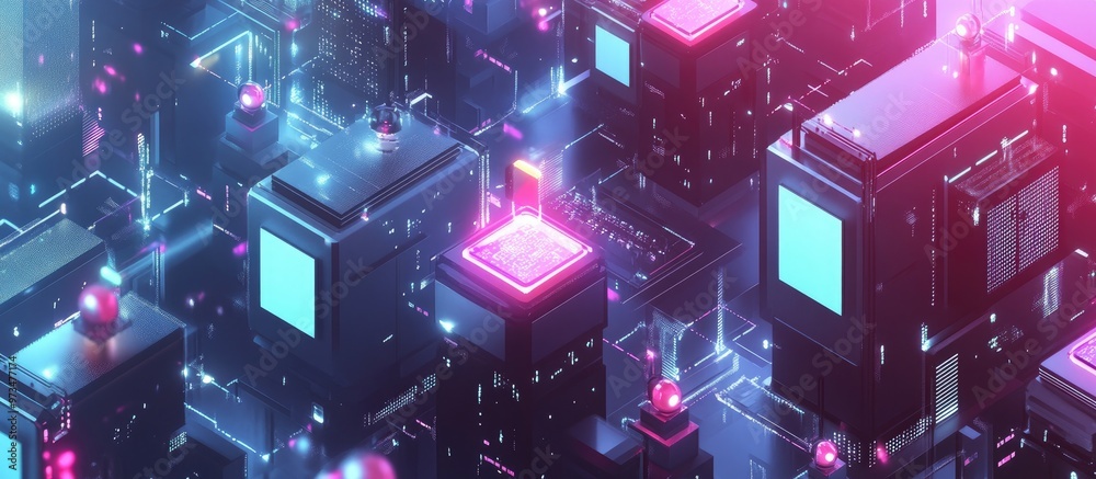 Poster isometric 3d illustration of a business setting featuring robots processing big data and showcasing 