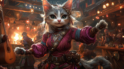 enthusiastic cat beastfolk dancer entertaining a tavern crowd dressed in colorful clothing under glowing lanterns