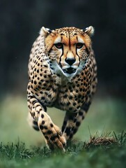 Fototapeta premium A Cheetah Running Towards the Camera in Green Grass