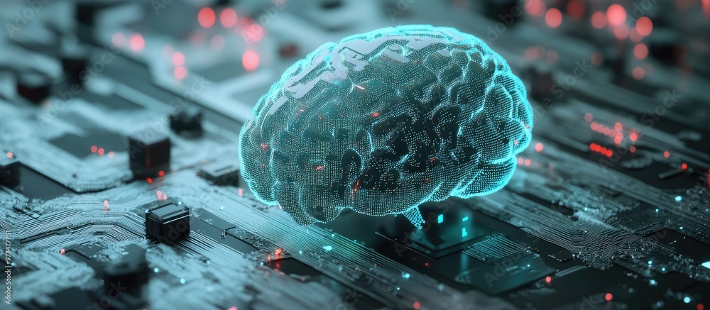 Poster digital brain illustration representing artificial intelligence big data and deep learning in machin