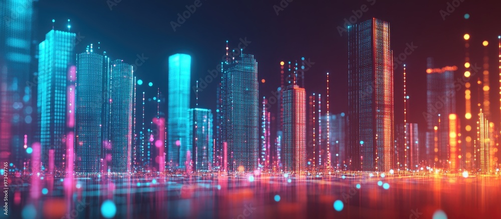 Poster abstract representation of a smart city featuring connecting dots and gradient lines symbolizing the
