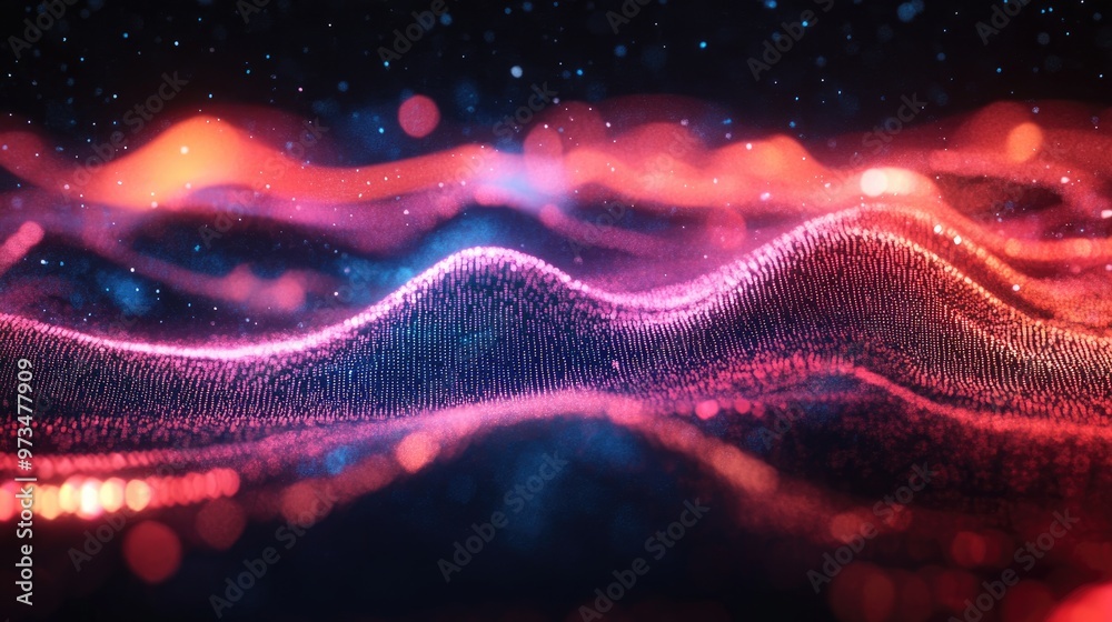 Poster abstract sound wave particles and music equalizer in a 3d rendering representing signal transmission