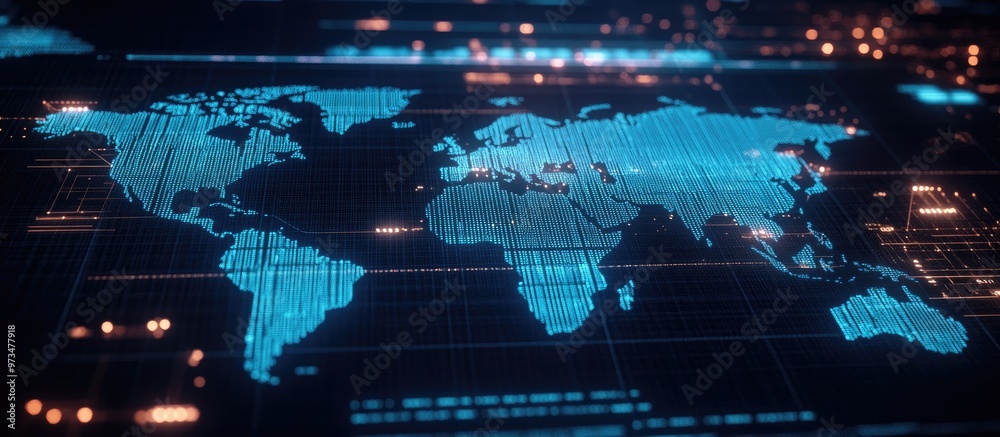 Poster abstract digital world map graphic featuring connections on a contemporary computer backdrop represe