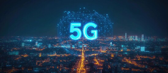 Digital hologram of a 5G network and internet of things with a cityscape backdrop Wireless technology and connectivity concepts