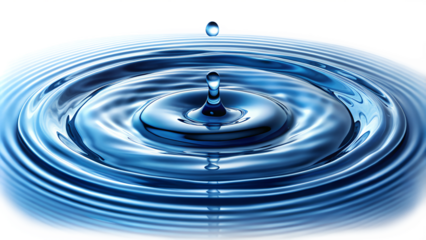 A vibrant water droplet causing ripples on a calm surface, illustrating the beauty and tranquility of nature. Transparent or white background.