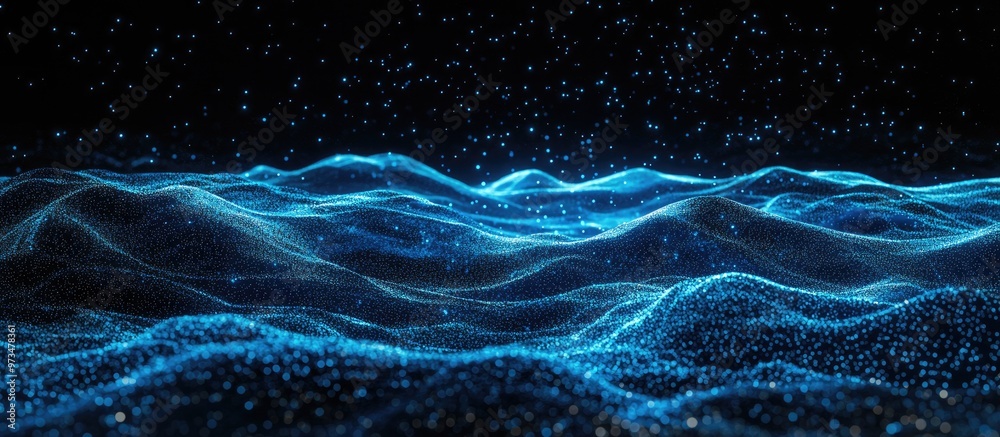 Poster abstract image featuring horizontal lines of blue particles and a flowing 3d landscape against a dar