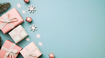 Obraz premium Christmas Gift Boxes & Decorations on Blue Background