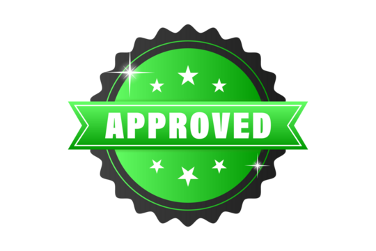 Vibrant Green Approved LABEL with Shiny Stars and Ribbon Banner, product stamp, eco label PNG BACKGROUND