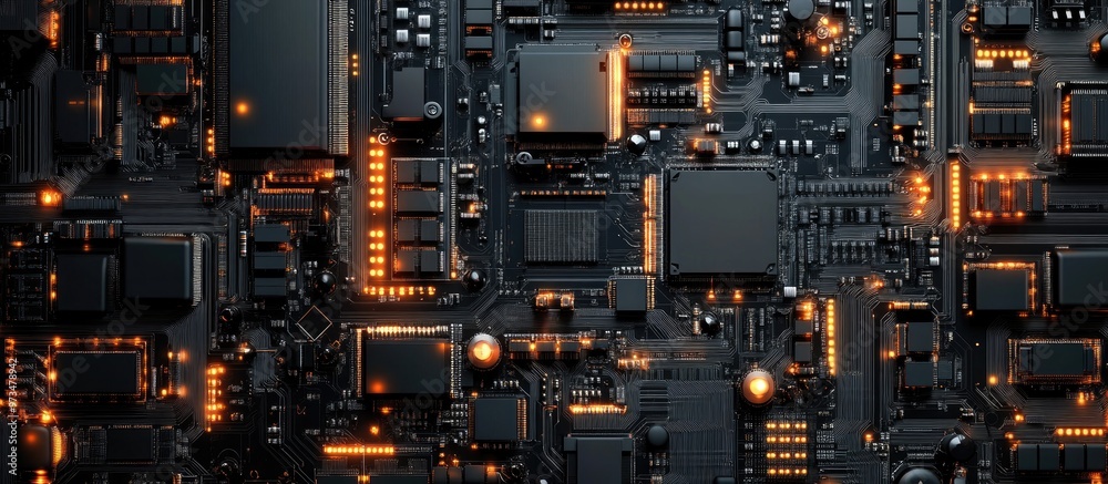 Poster circuit board design with intricate patterns and components showcasing technology and innovation in 