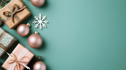 Christmas Gift Boxes, Ornaments, and Snowflake on Teal Background