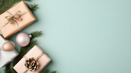Christmas Gift Boxes with Pine Branches on Mint Background