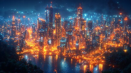 Fototapeta premium Futuristic Cityscape with Skyscrapers and Lights at Night