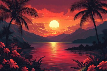 Palm Trees Silhouetted Against a Sunset Over a Mountainous Tropical Lake
