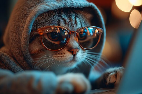 A funny cat in sunglasses works on a laptop in the night, posing as a hacker in a dark theme, showcasing a humorous take on technology and cyber security.