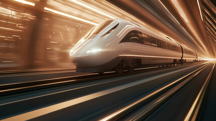 Fototapeta premium high-speed railway train in full motion, with particle light effects accentuating the edge of the rail. The scene should use a high-definition photography style to capture the slee