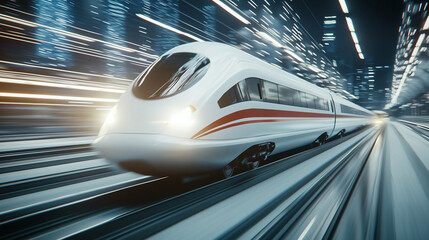 Fototapeta premium high-speed railway train in full motion, with particle light effects accentuating the edge of the rail. The scene should use a high-definition photography style to capture the slee