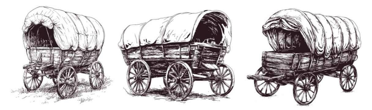 Wild west wagon sketches. Old rustic wagons, western american pioneer or cowboy transport with tent on wooden wheels antique vans vintage tattoo drawing set vector illustration