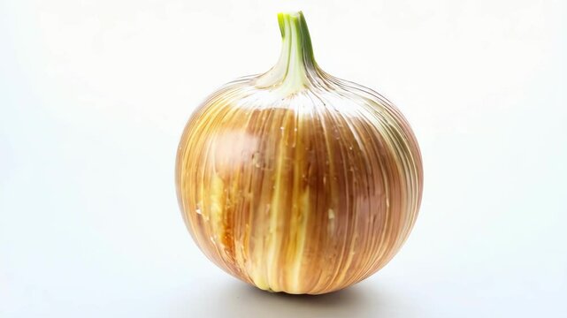 Close-up of a fresh onion rotating, showcasing its glossy surface and vibrant layers as it spins against a white background. Ideal for culinary and health themes with ample copy space.
