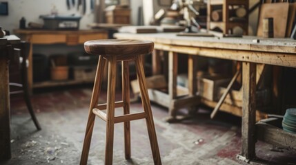 Rustic Wooden Stool in Artisan Workshop