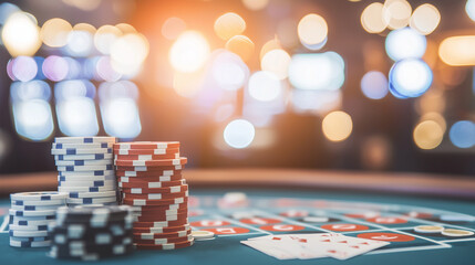 casino scene with a softly blurred background, drawing attention to a specific feature such as a poker table or roulette wheel. The blurred background should capture the essence of