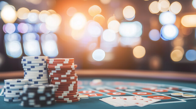 casino scene with a softly blurred background, drawing attention to a specific feature such as a poker table or roulette wheel. The blurred background should capture the essence of