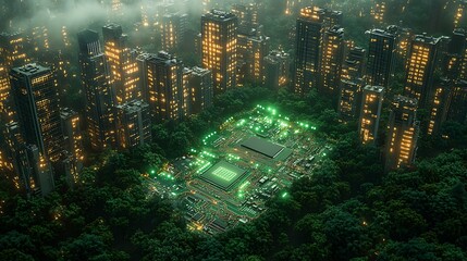 Obraz premium Futuristic Cityscape with Green Glow in Center, Cyberpunk, Sci fi, Urban