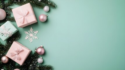 Festive Christmas Background with Gifts, Ornaments and Fir Tree