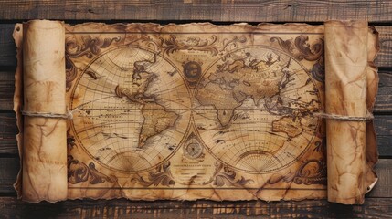 Antique World Map Scroll on a Vintage Wooden Table