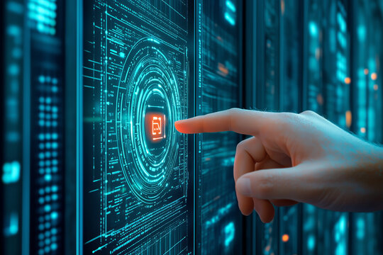 Hand pressing a glowing button on a futuristic digital interface