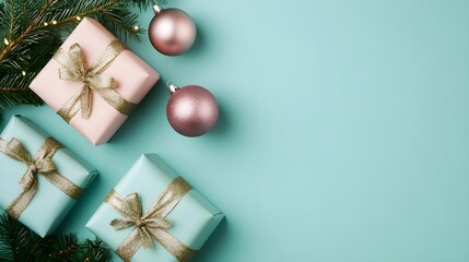 Festive Christmas Gift Boxes & Ornaments on Mint Background