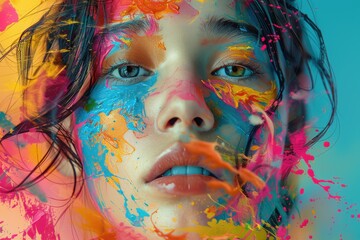 A stunning display of vibrant abstract strokes on a woman's face in a creative moment