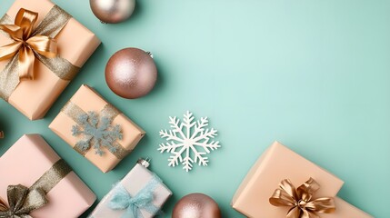 Festive Christmas Gift Boxes with Decorations on Mint Background