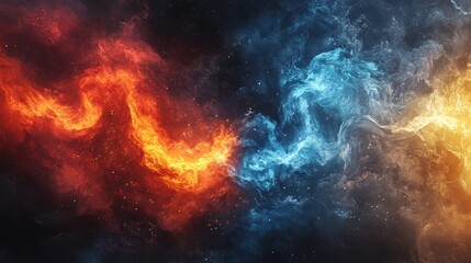 Fototapeta premium an illustration depicting the seamless merging of fire, water, and earth elements in perfect harmony represents the interaction of various natural objects